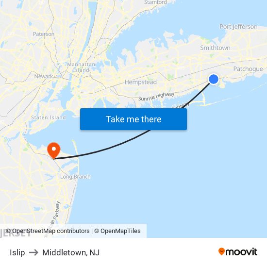 Islip to Middletown, NJ map