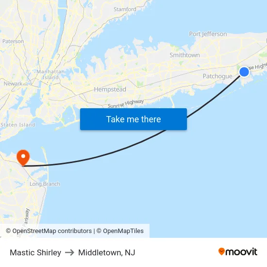 Mastic Shirley to Middletown, NJ map