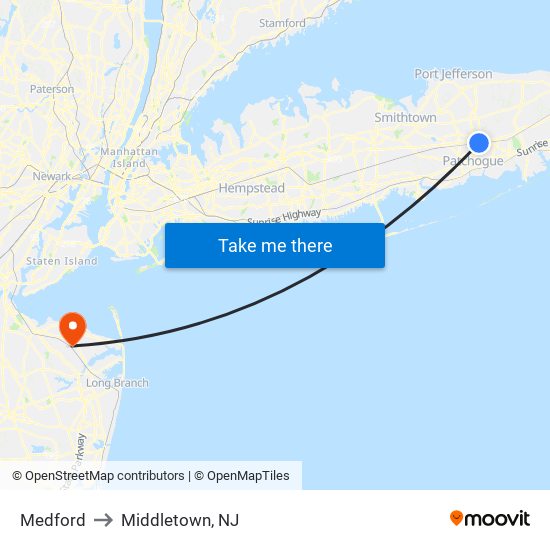 Medford to Middletown, NJ map