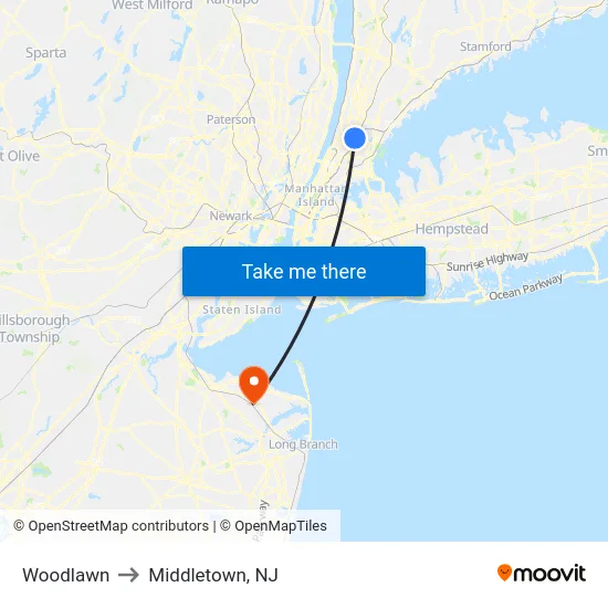 Woodlawn to Middletown, NJ map