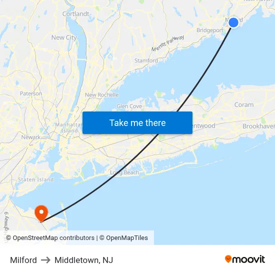 Milford to Middletown, NJ map