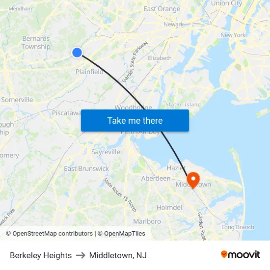 Berkeley Heights to Middletown, NJ map