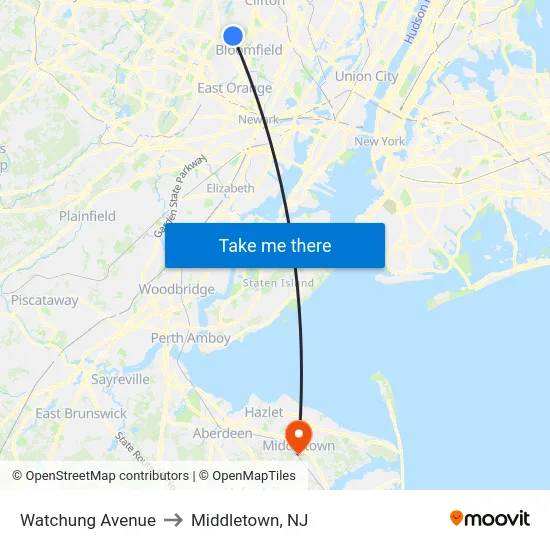 Watchung Avenue to Middletown, NJ map