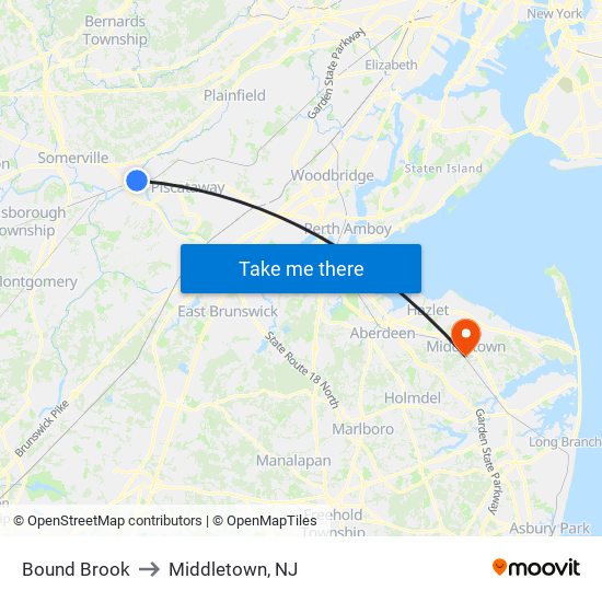 Bound Brook to Middletown, NJ map