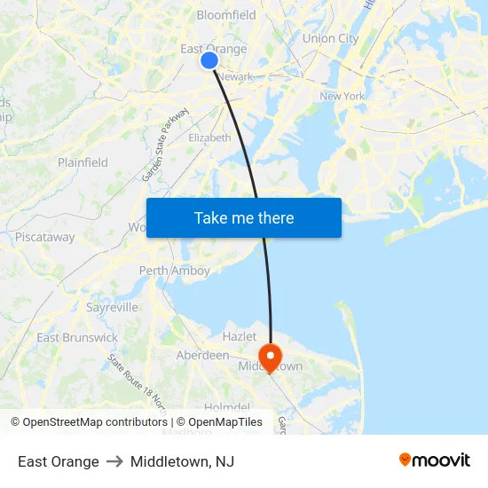 East Orange to Middletown, NJ map