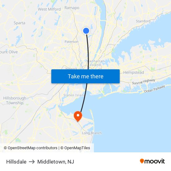 Hillsdale to Middletown, NJ map