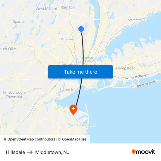 Hillsdale to Middletown, NJ map