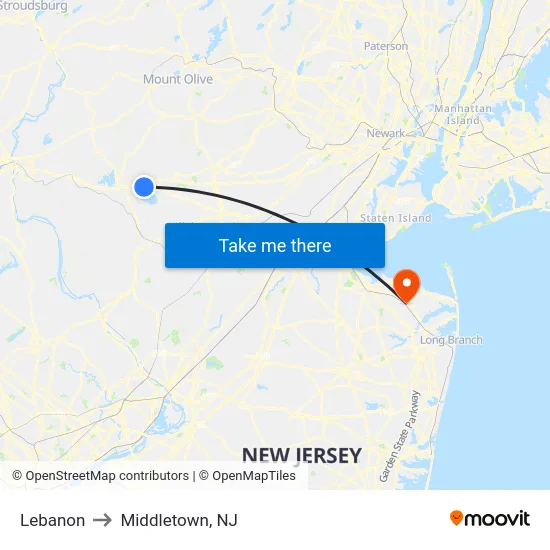 Lebanon to Middletown, NJ map