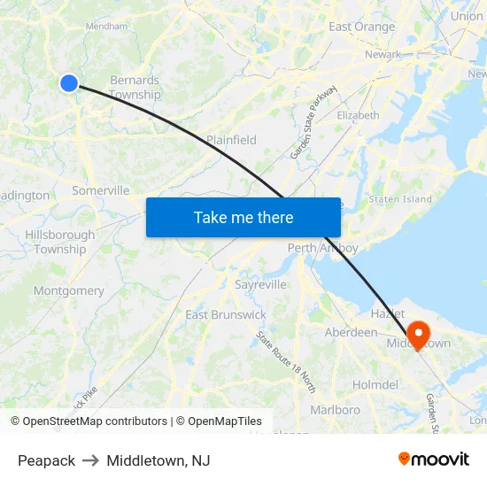 Peapack to Middletown, NJ map