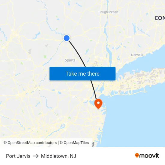 Port Jervis to Middletown, NJ map