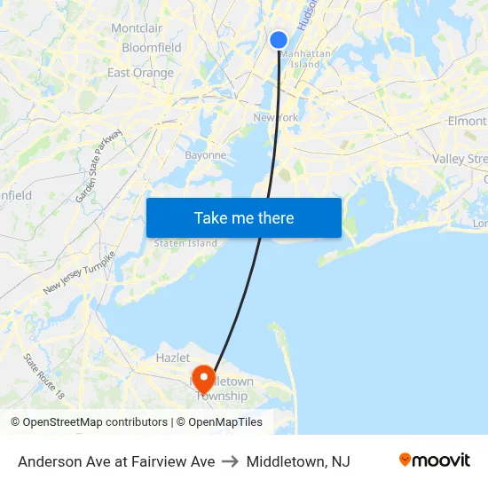 Anderson Ave at Fairview Ave to Middletown, NJ map