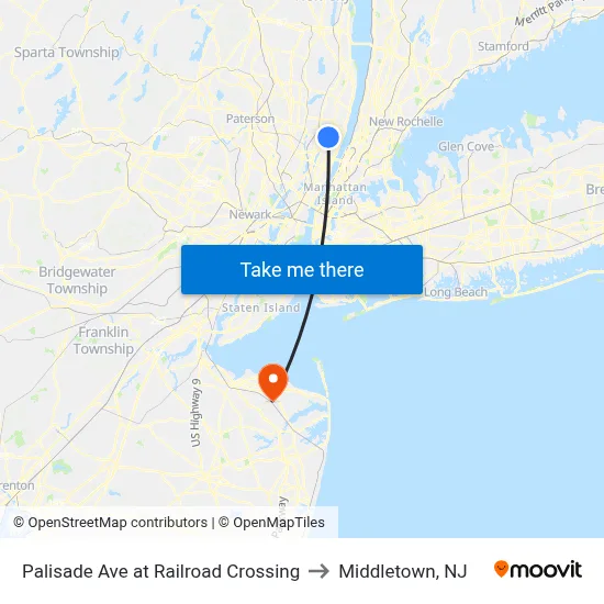 Palisade Ave at Railroad Crossing to Middletown, NJ map