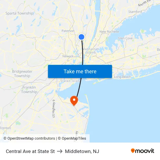 Central Ave at State St to Middletown, NJ map
