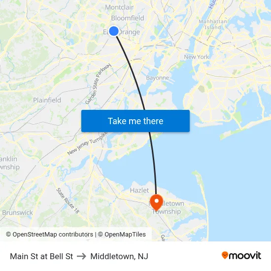Main St at Bell St to Middletown, NJ map