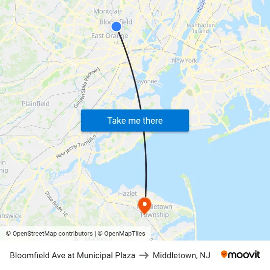 Bloomfield Ave at Municipal Plaza to Middletown, NJ map