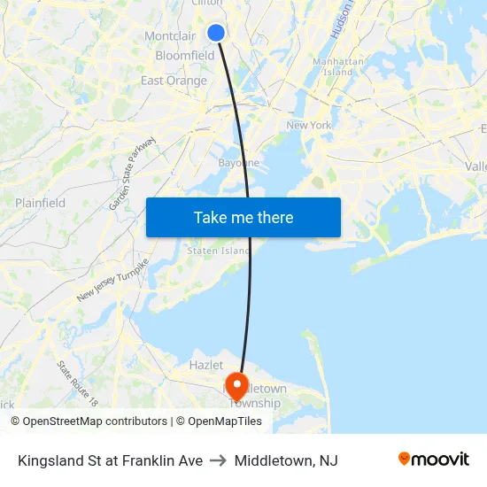 Kingsland St at Franklin Ave to Middletown, NJ map