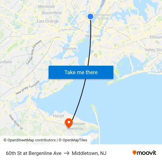 60th St at Bergenline Ave to Middletown, NJ map