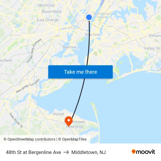 48th St at Bergenline Ave to Middletown, NJ map