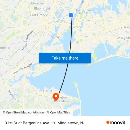31st St at Bergenline Ave to Middletown, NJ map