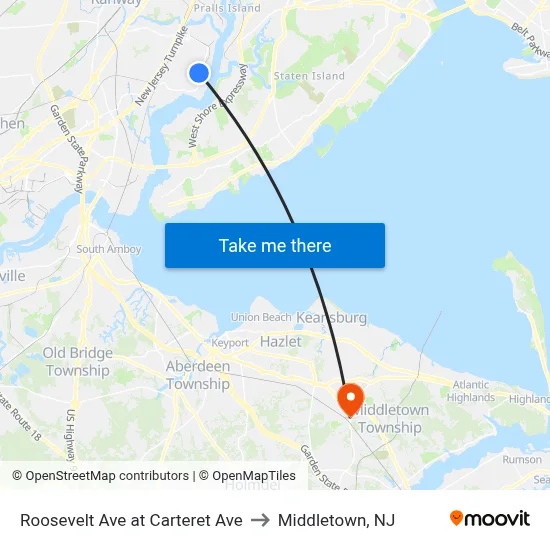 Roosevelt Ave at Carteret Ave to Middletown, NJ map