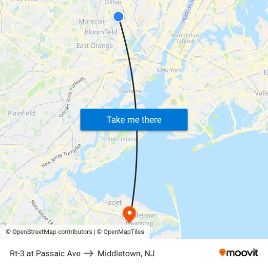 Rt-3 at Passaic Ave to Middletown, NJ map