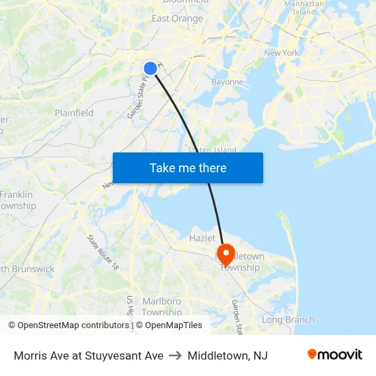 Morris Ave at Stuyvesant Ave to Middletown, NJ map