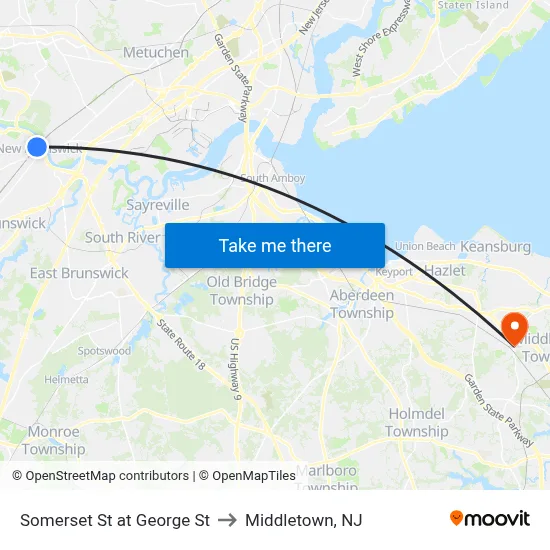 Somerset St at George St to Middletown, NJ map