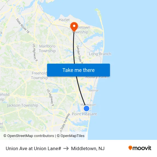 Union Ave at Union Lane# to Middletown, NJ map