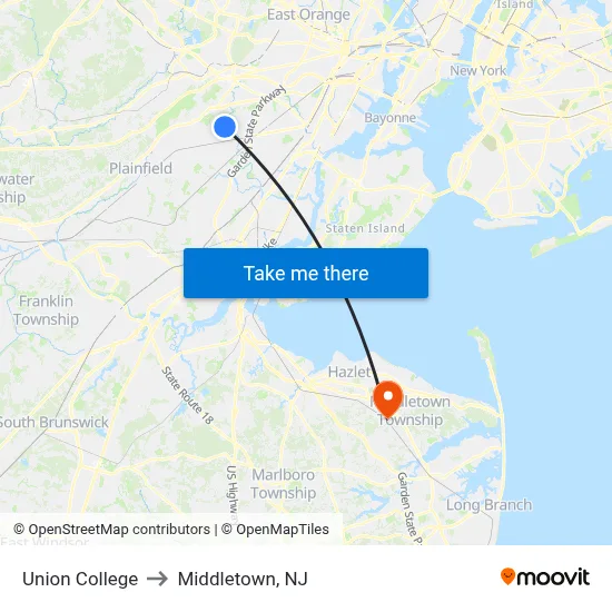 Union College to Middletown, NJ map