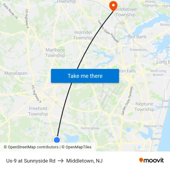 Us-9 at Sunnyside Rd to Middletown, NJ map