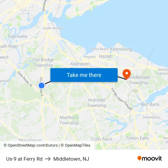 Us-9 at Ferry Rd to Middletown, NJ map