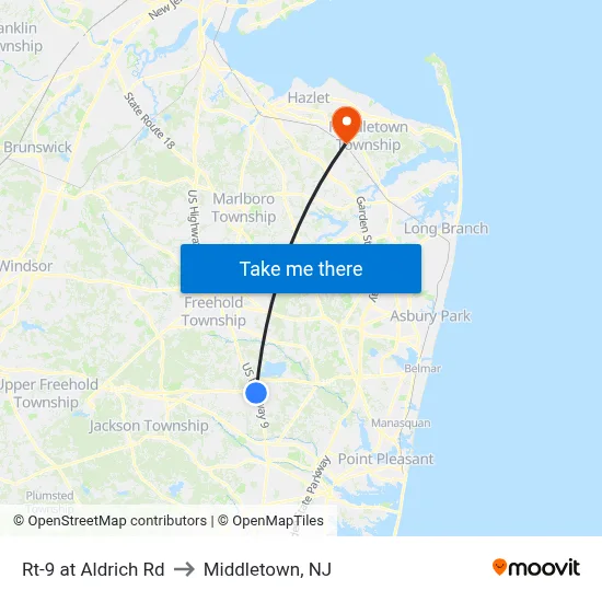 Rt-9 at Aldrich Rd to Middletown, NJ map