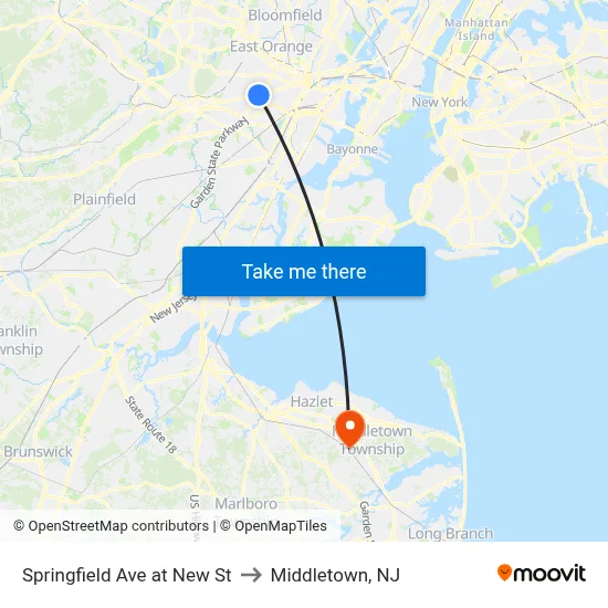 Springfield Ave at New St to Middletown, NJ map