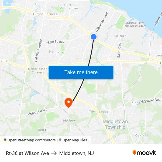 Rt-36 at Wilson Ave to Middletown, NJ map