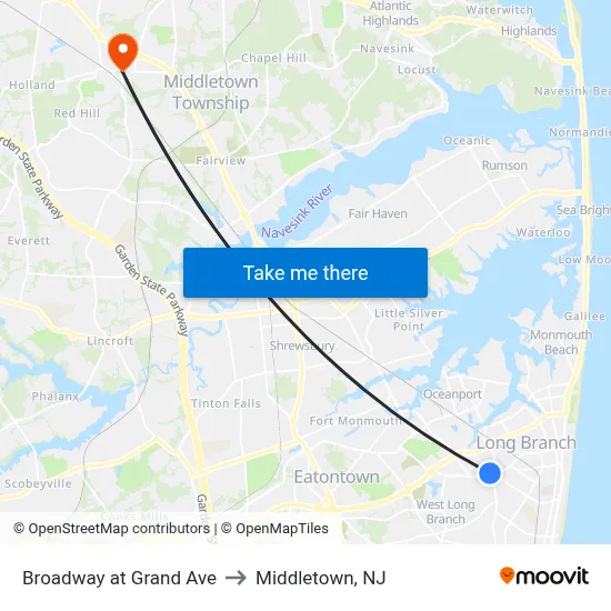 Broadway at Grand Ave to Middletown, NJ map