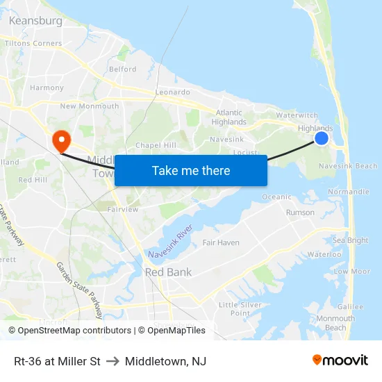 Rt-36 at Miller St to Middletown, NJ map