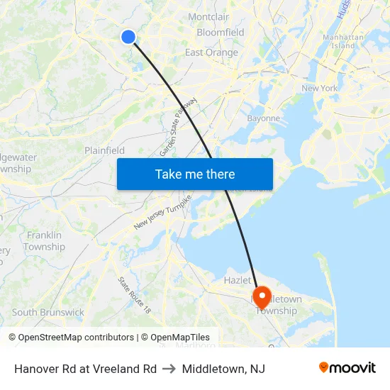 Hanover Rd at Vreeland Rd to Middletown, NJ map
