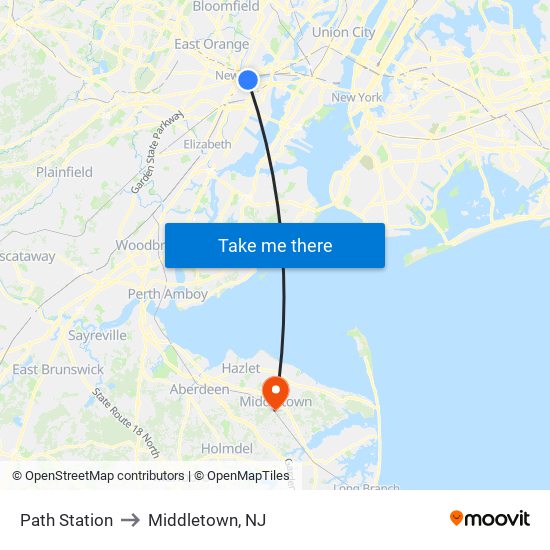 Path Station to Middletown, NJ map