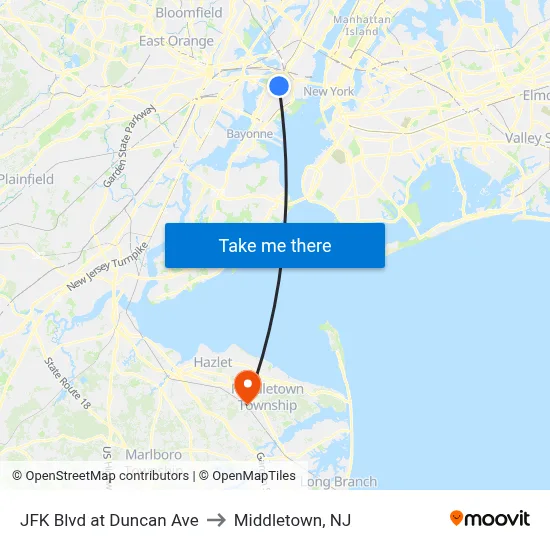 JFK Blvd at Duncan Ave to Middletown, NJ map