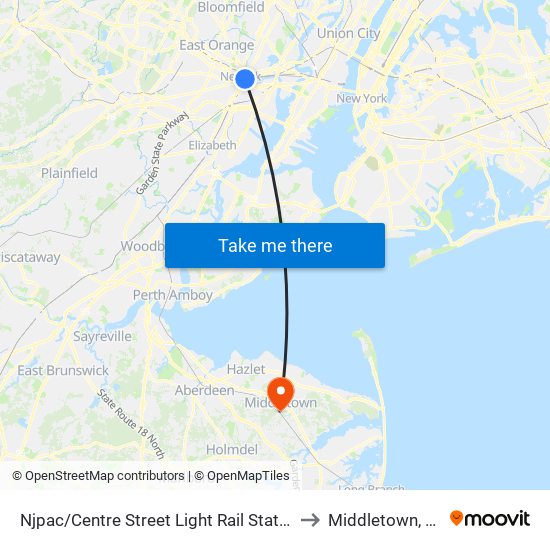 Njpac/Centre Street Light Rail Station to Middletown, NJ map