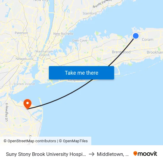 Suny Stony Brook University Hospital to Middletown, NJ map