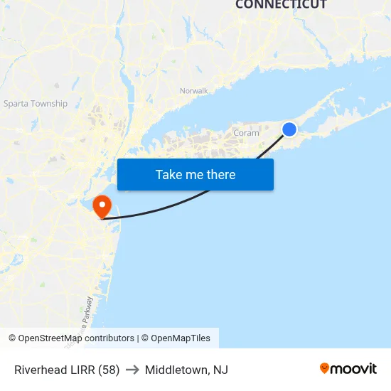Riverhead LIRR (58) to Middletown, NJ map