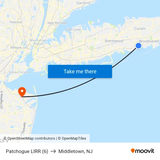 Patchogue LIRR (6) to Middletown, NJ map