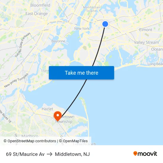 69 St/Maurice Av to Middletown, NJ map