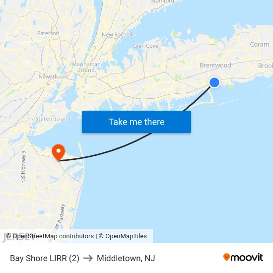 Bay Shore LIRR (2) to Middletown, NJ map