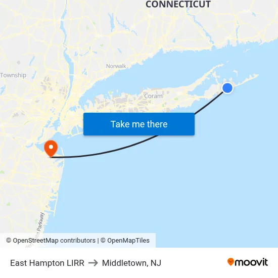 East Hampton LIRR to Middletown, NJ map