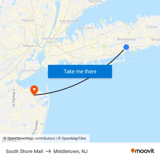 South Shore Mall to Middletown, NJ map