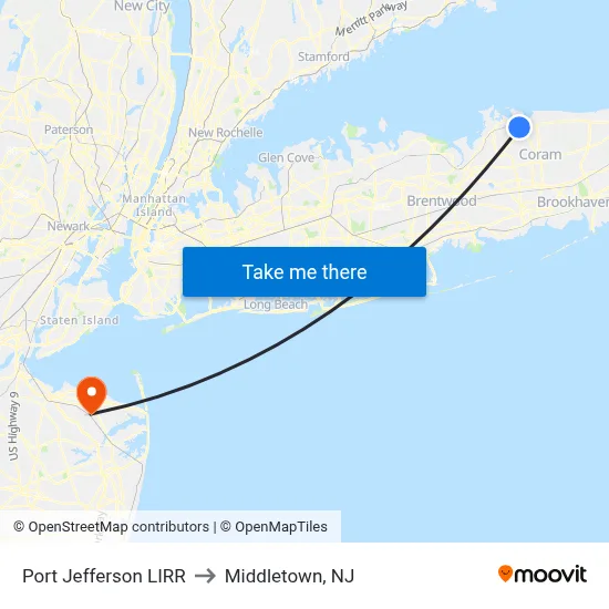 Port Jefferson LIRR to Middletown, NJ map