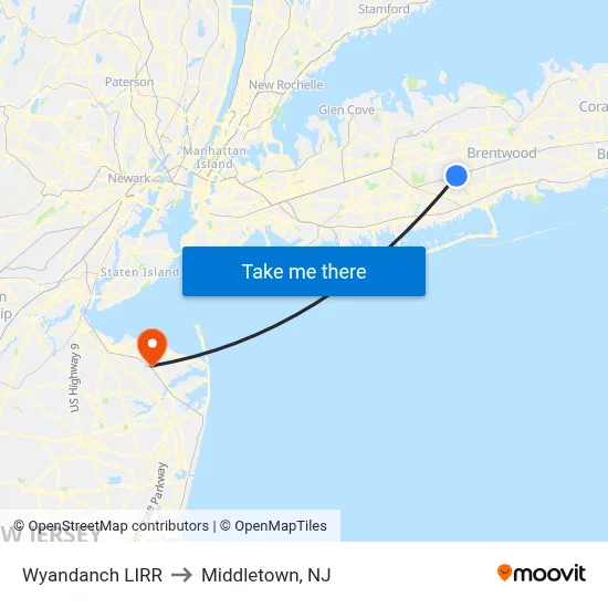 Wyandanch LIRR to Middletown, NJ map