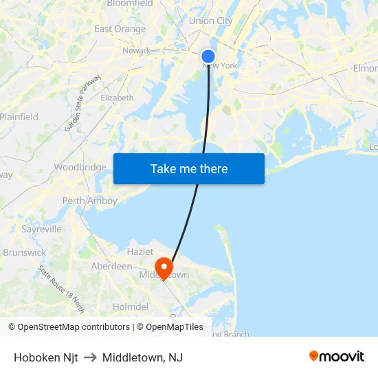 Hoboken Njt to Middletown, NJ map
